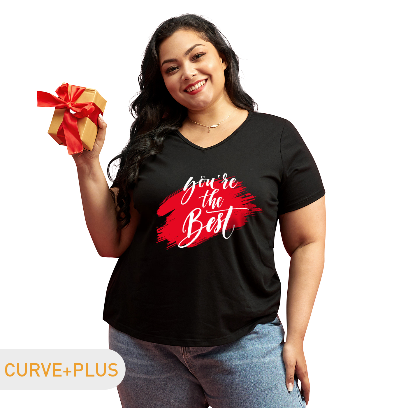 

Women Plus Size Graphic Letter Print V Neck Short-sleeve Tee