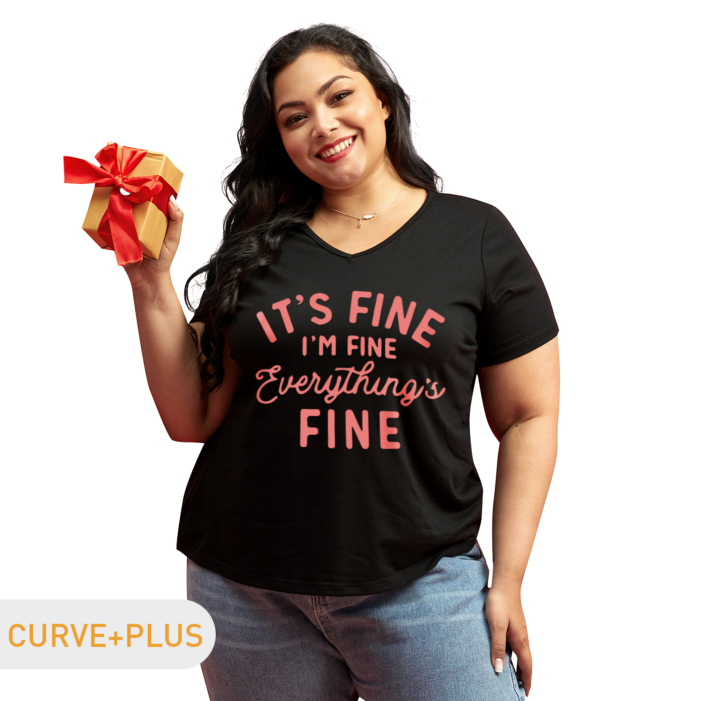 

Women Plus Size Graphic Letter Print V Neck Short-sleeve Tee