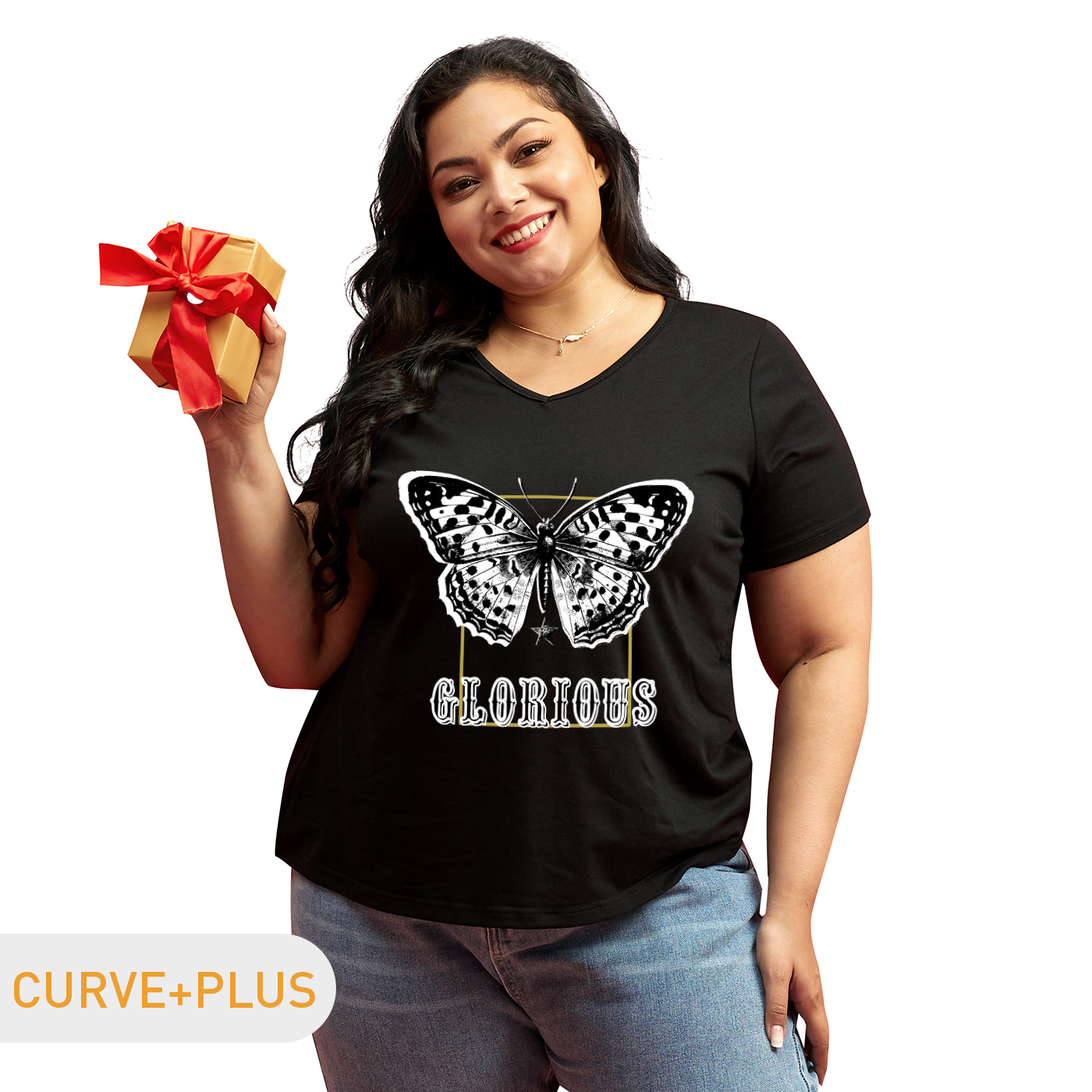 

Women Plus Size Graphic Butterfly and Letter Print V Neck Short-sleeve Tee