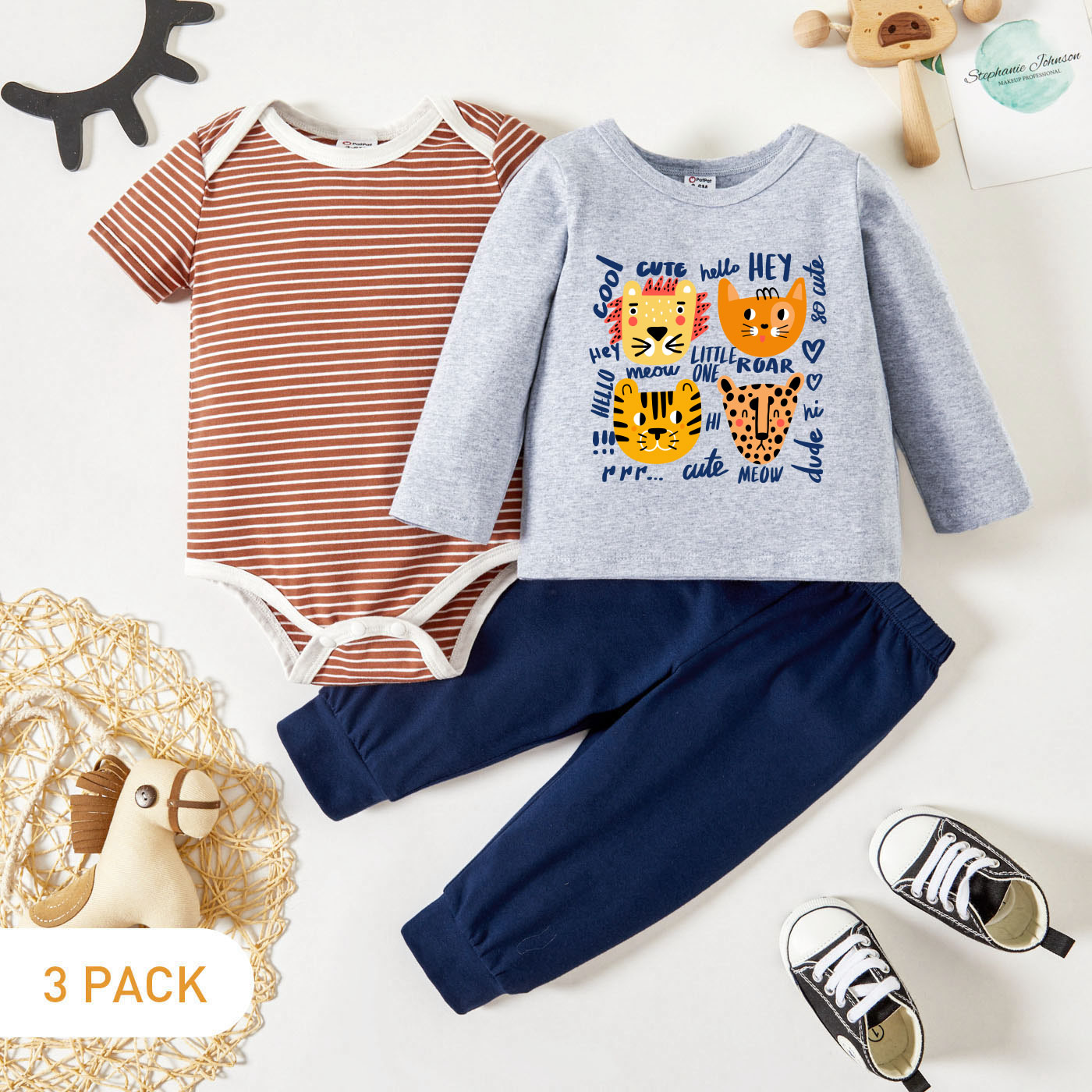 

3-Pack Baby Boy Animals and Letter Print Long-sleeve Tee & Striped Short-sleeve Romper & Pants Set