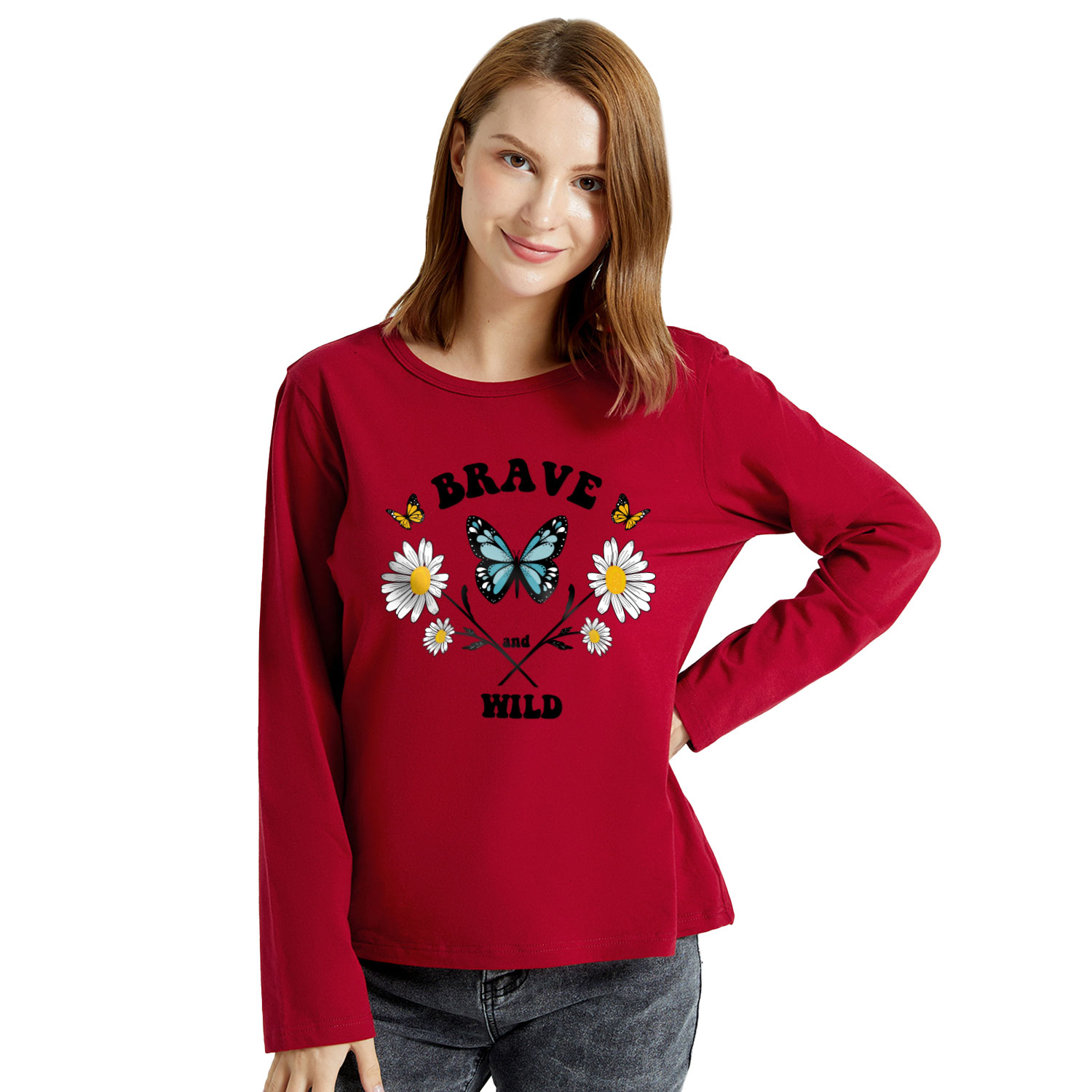 

Graphic Burgundy Long-sleeve Round-collar Tee for Women