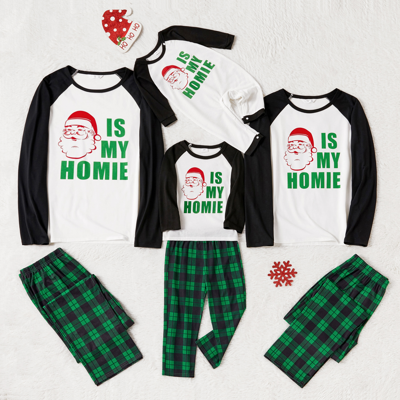 

Christmas Santa and Letter Print Family Matching Raglan Long-sleeve Green Plaid Pajamas Sets (Flame Resistant)