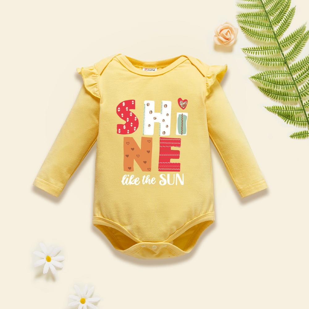 

Baby Graphic Flutter-sleeve Beige Long-sleeve Romper