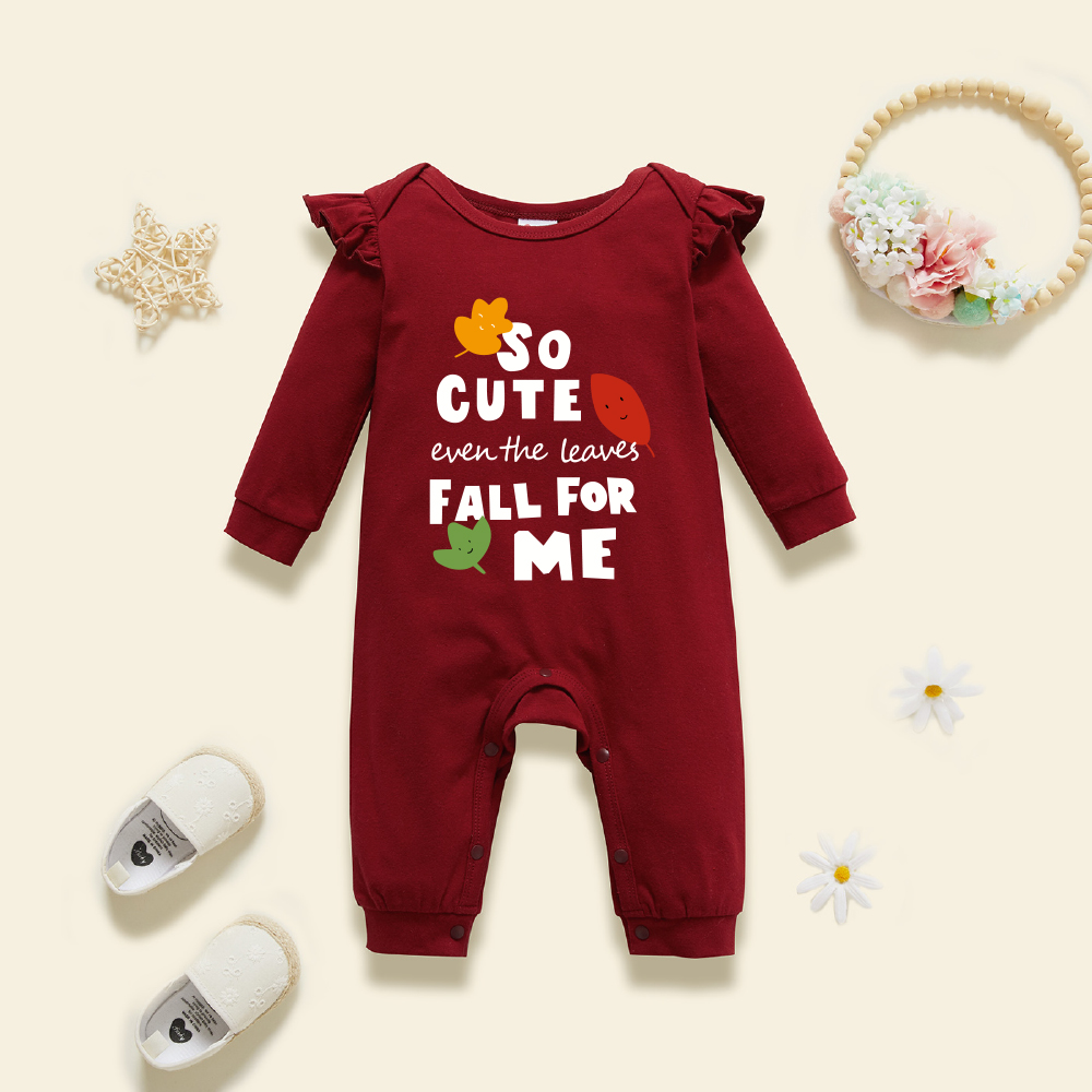 

Baby Girl Graphics Letter and Leaf Print Ruffle Long-sleeve Jumpsuit