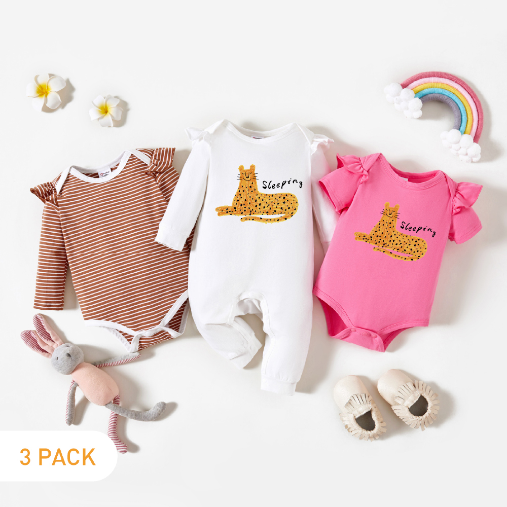 

3-Pack Baby Graphic & Striped Ruffled Romper Jumpsuit Set