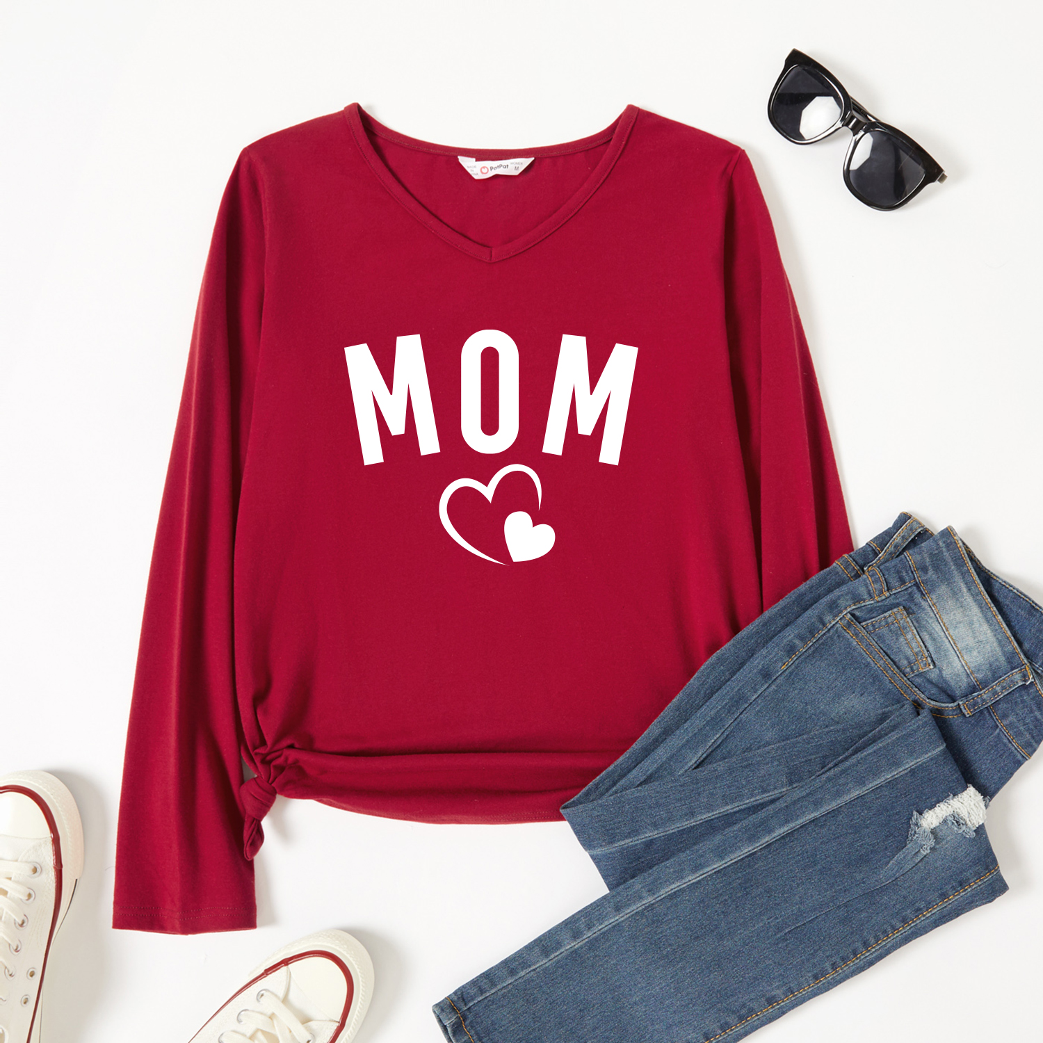 

Graphic Burgundy Long-sleeve V Neck Tee for Women