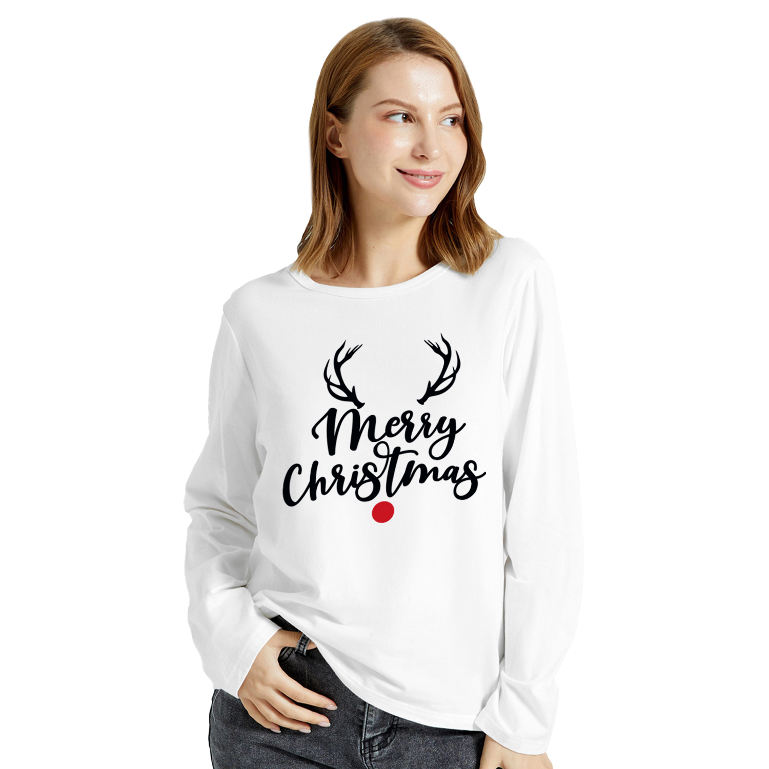 

Graphic White Long-sleeve Round-collar Tee for Women