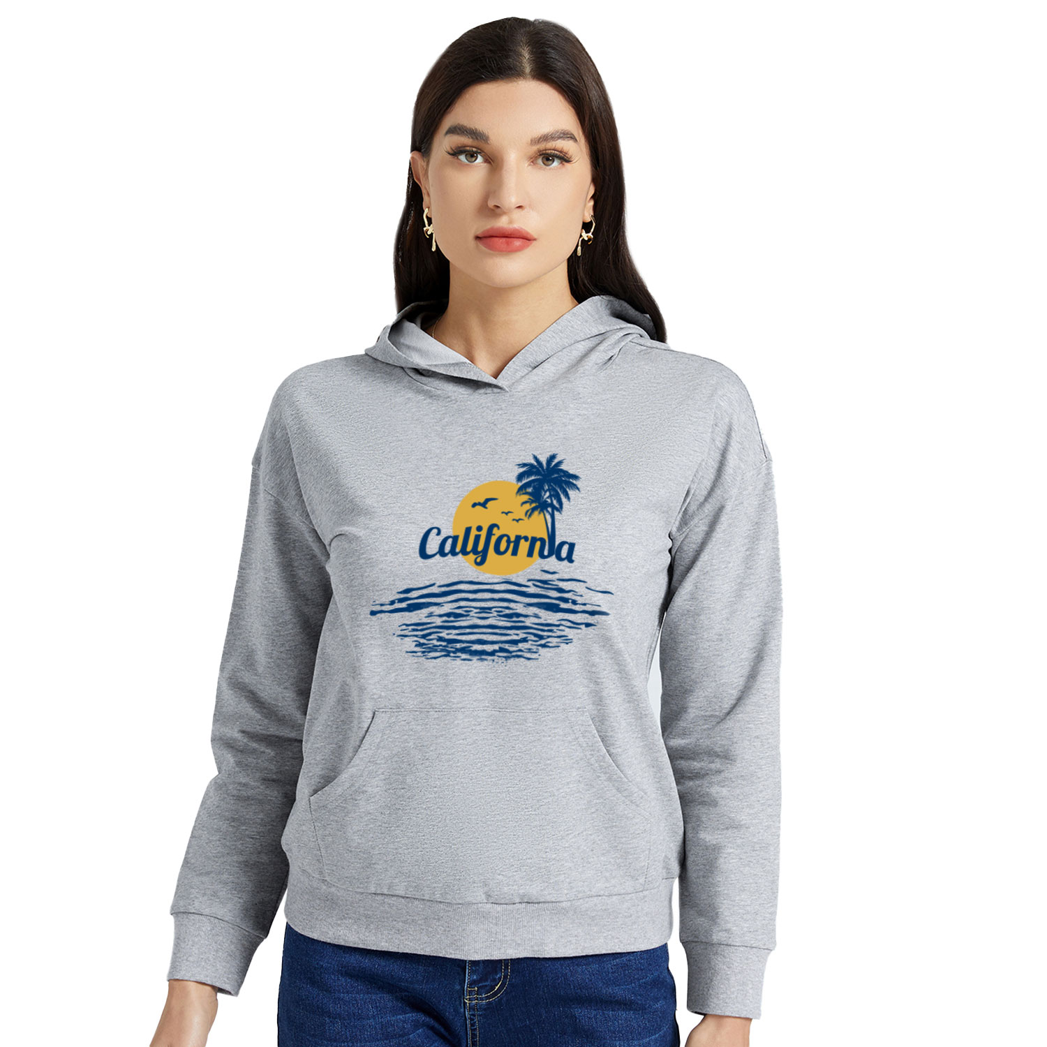 

Graphic Light gray Long-sleeve Hooded Pullover For Women