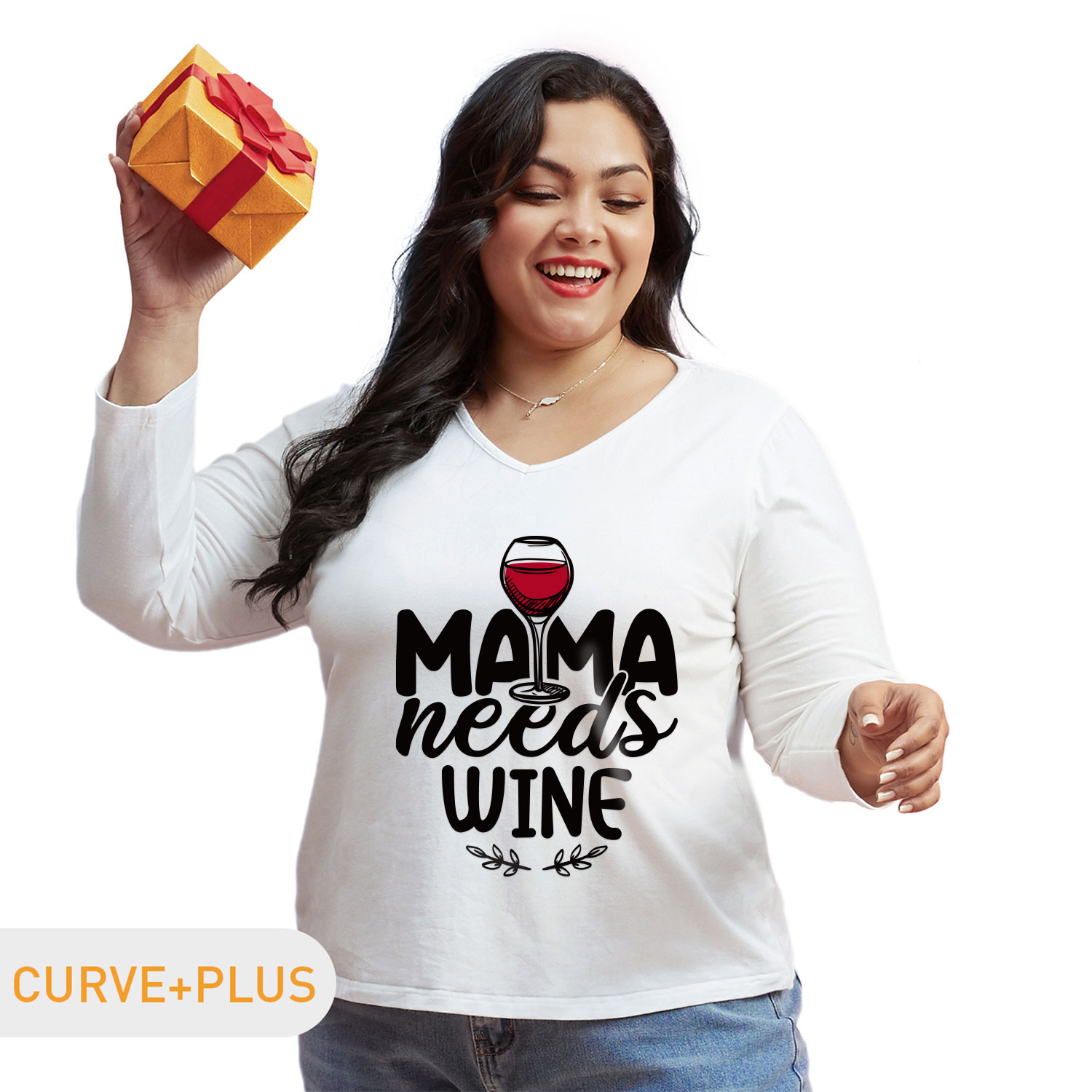 

Women Plus Size Graphic Wine and Letter Print V Neck Long-sleeve Tee
