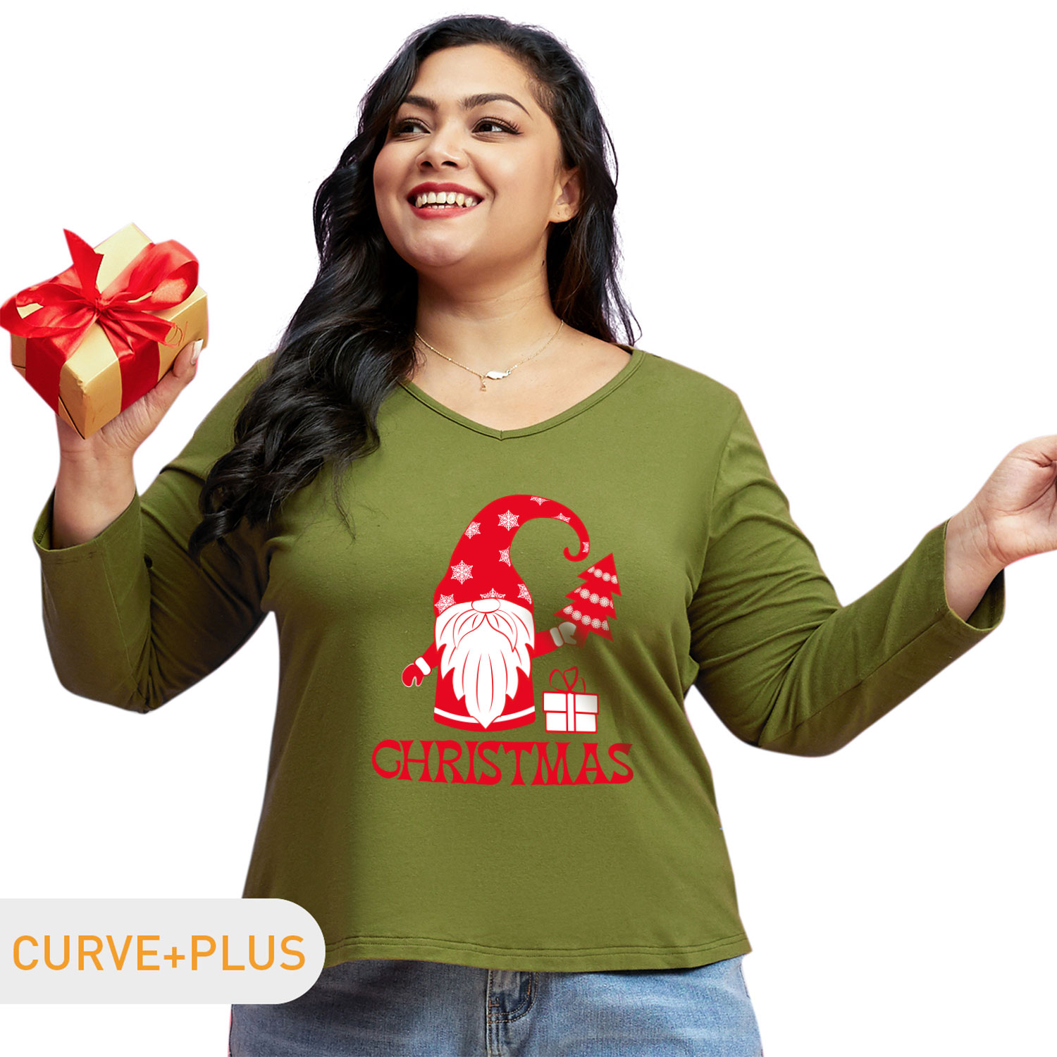 

Christmas Women Plus Size Graphic Santa and Gift and Christmas Tree Print V Neck Long-sleeve Tee