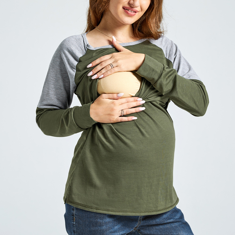 

Nursing Color Block Round-collar Long-sleeve Pullover
