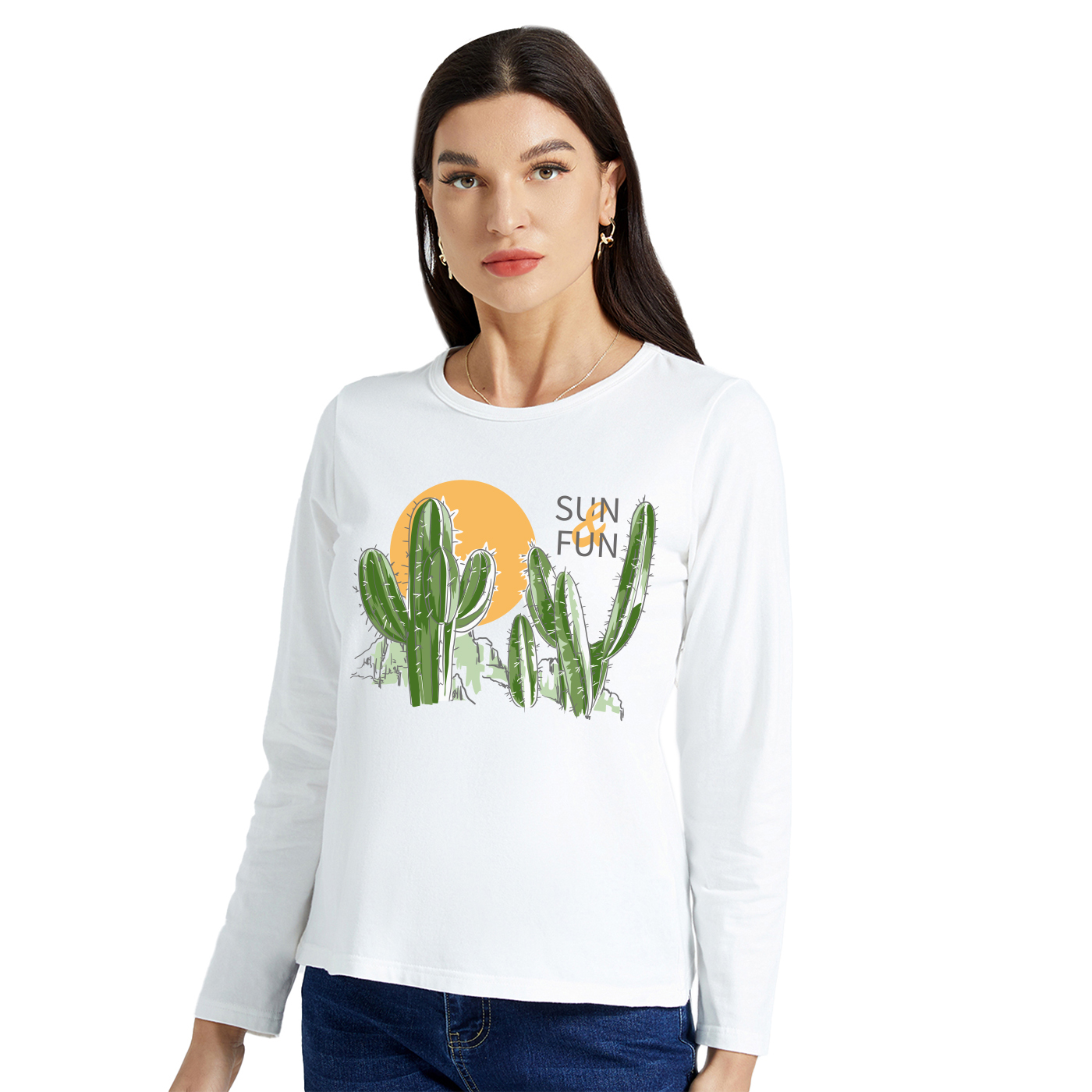 

Graphic White Long-sleeve Round-collar Tee for Women