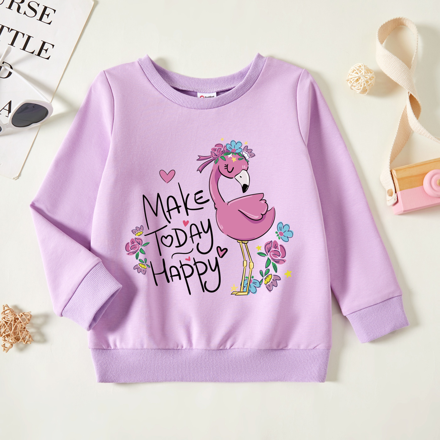 

Toddler Graphic Flamingo and Floral and Letter Print Long-sleeve Pullover