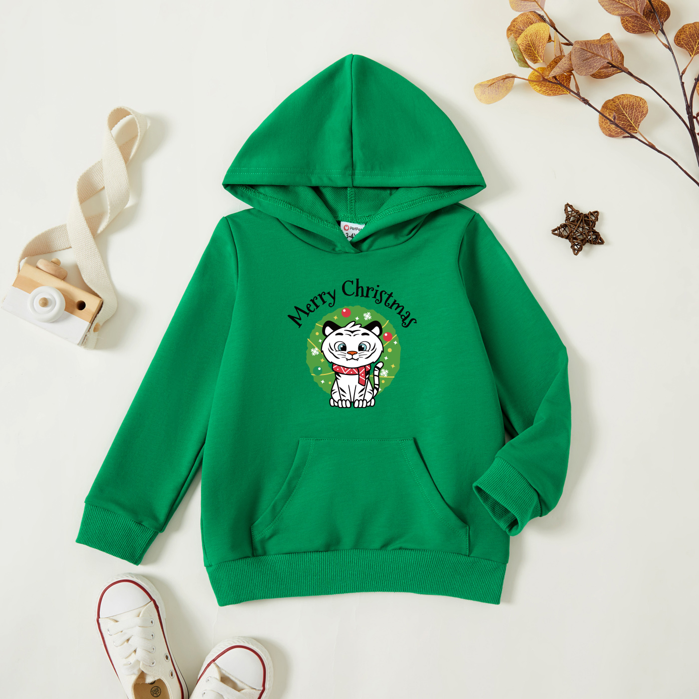 

Christmas Toddler Graphic Cat and Letter Print Long-sleeve Hooded Pullover