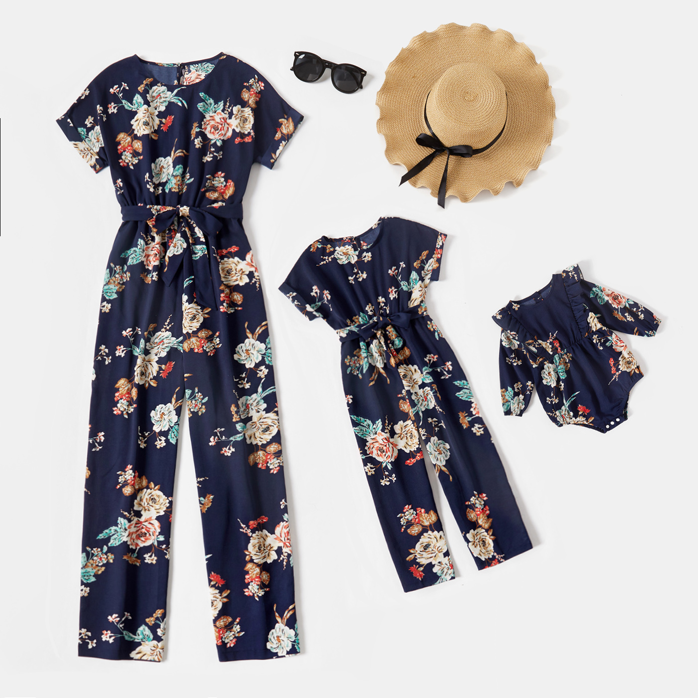 

All Over Floral Print Dark Blue Short-sleeve Belted Jumpsuits for Mom and Me