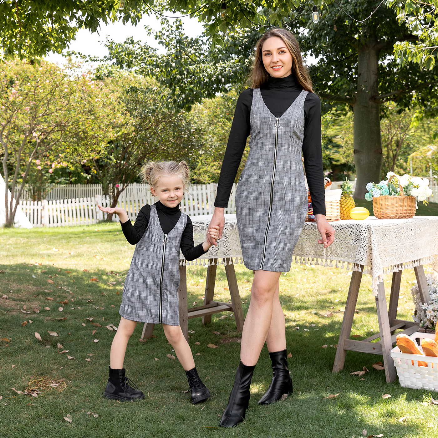 

Plaid Zipper Front V-neck Sleeveless Tank Bodycon Dress for Mom and Me