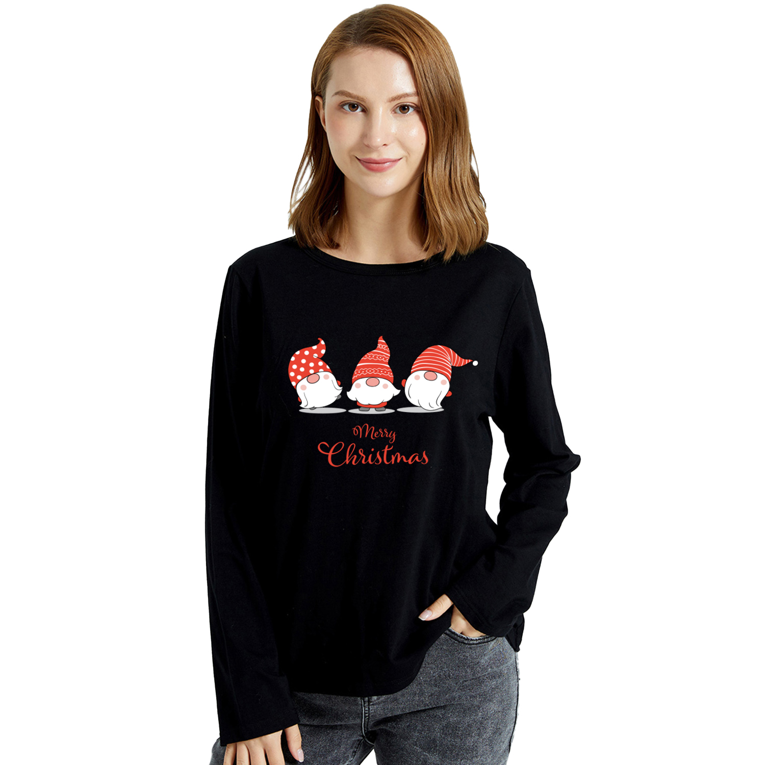 

Christmas Women Graphics Santa and Letter Print Round Collar Long-sleeve Tee