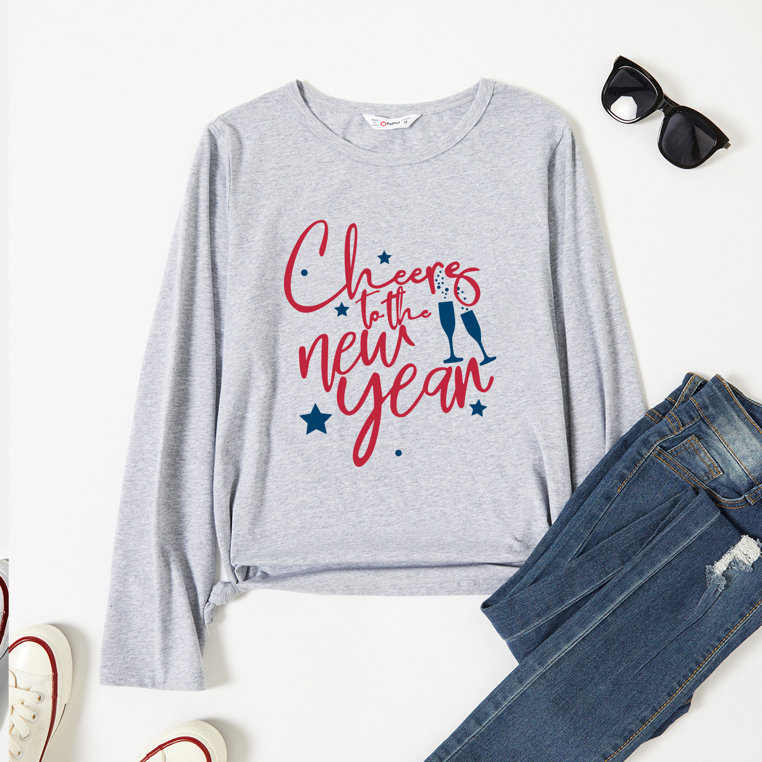 

Graphic Light gray Long-sleeve Round-collar Tee for Women