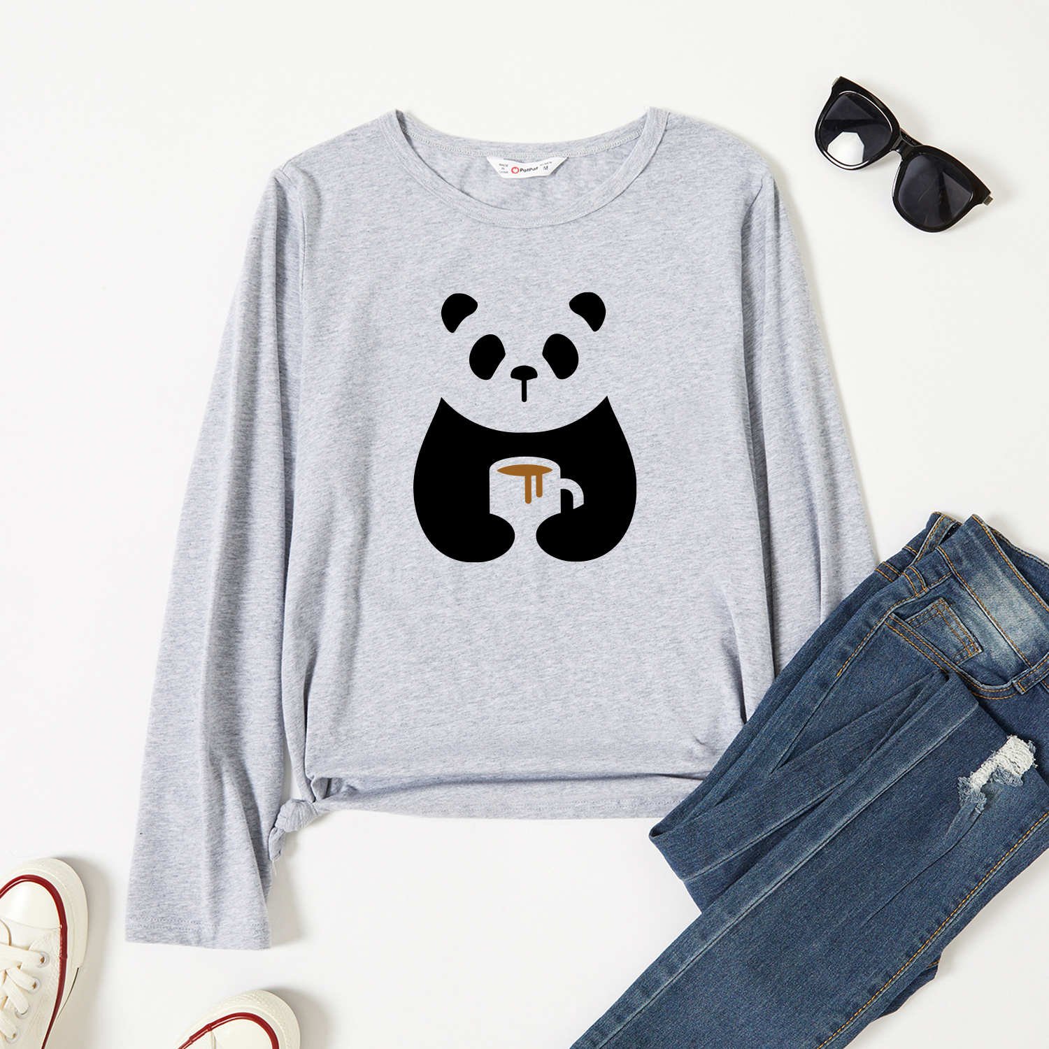 

Graphic Light gray Long-sleeve Round-collar Tee for Women