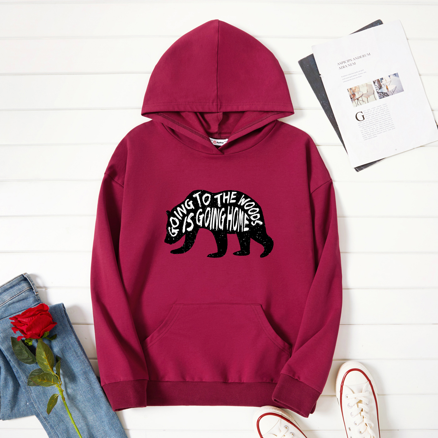 

Graphic Burgundy Long-sleeve Hooded Pullover For Women