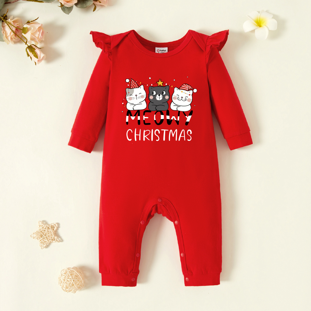 

Christmas Baby Girl Graphics Cat and Letter Print Ruffle Long-sleeve Jumpsuit