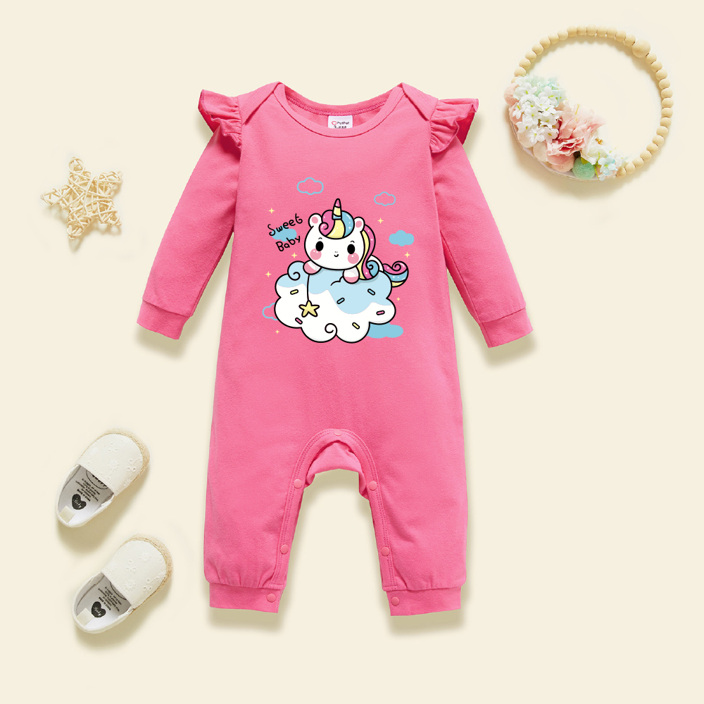 

Baby Graphic Flutter-sleeve Deep pink Long-sleeve Jumpsuit