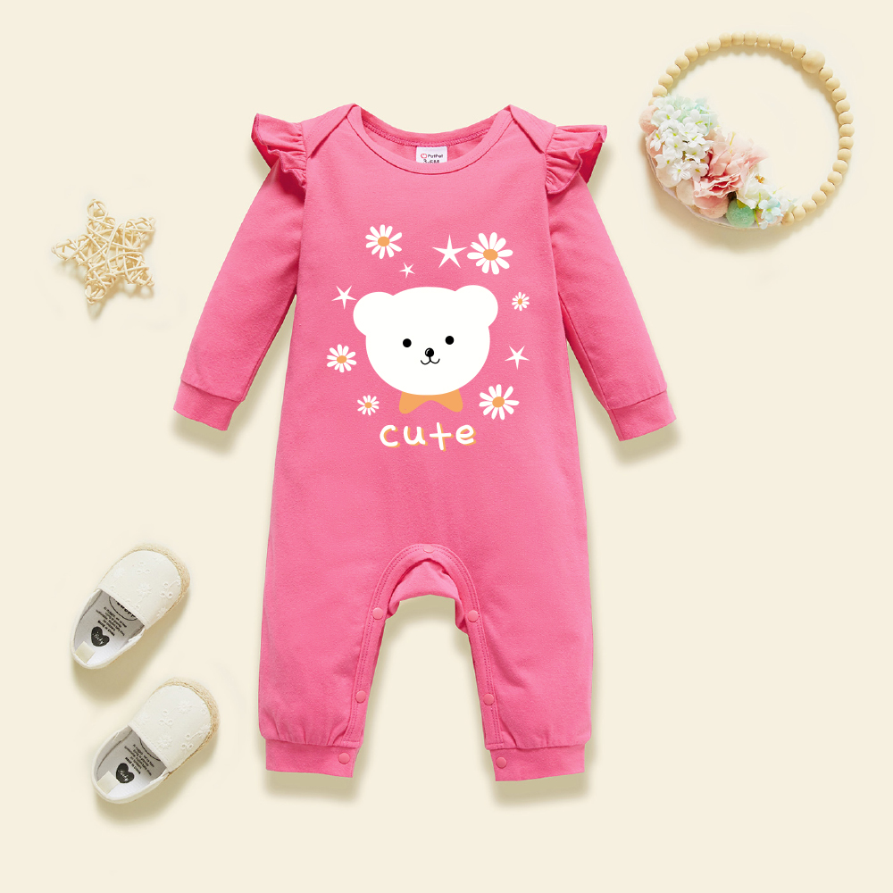 

Baby Graphic Flutter-sleeve Deep pink Long-sleeve Jumpsuit