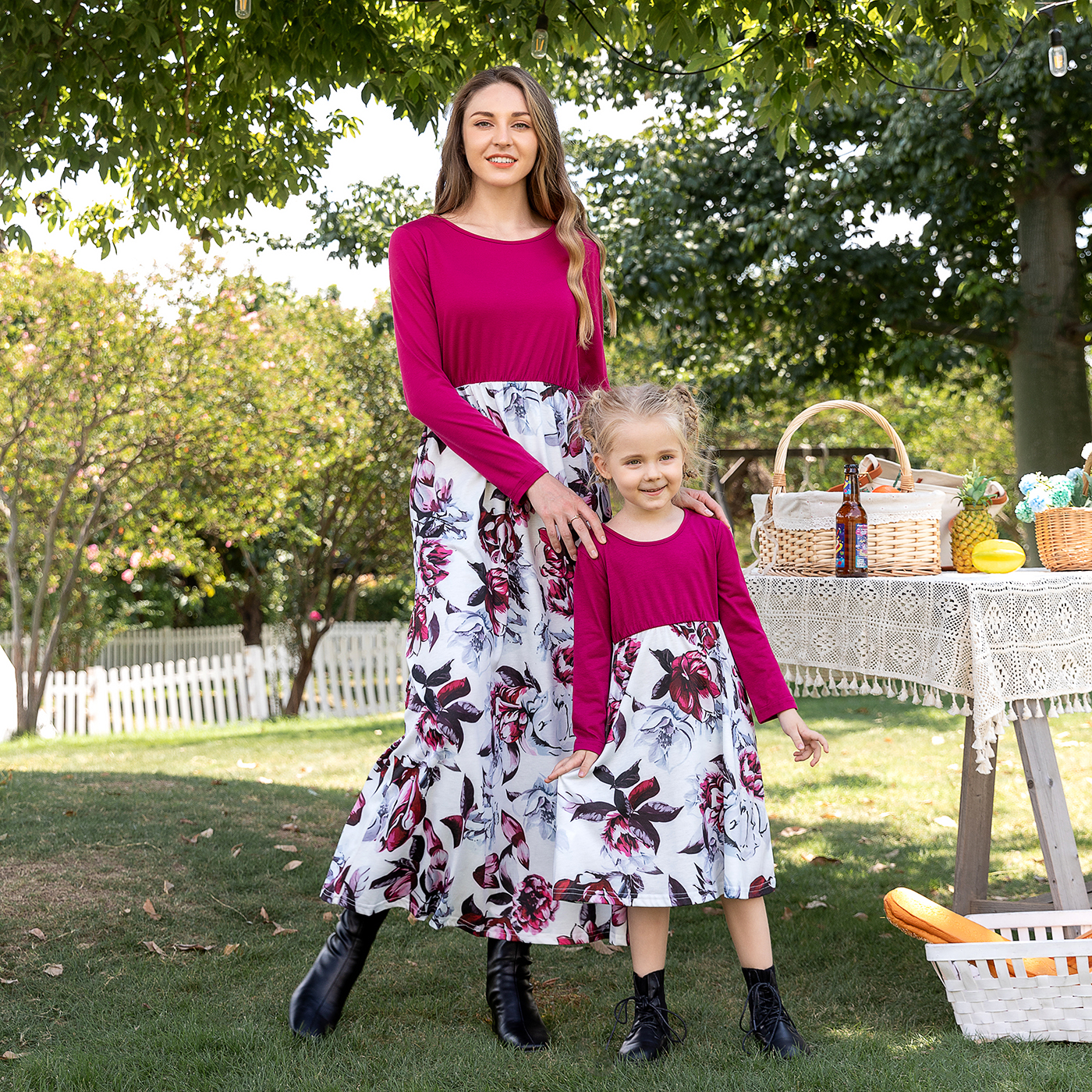 

Rose Red Long-sleeve Splicing Floral Print Maxi Dress for Mom and Me