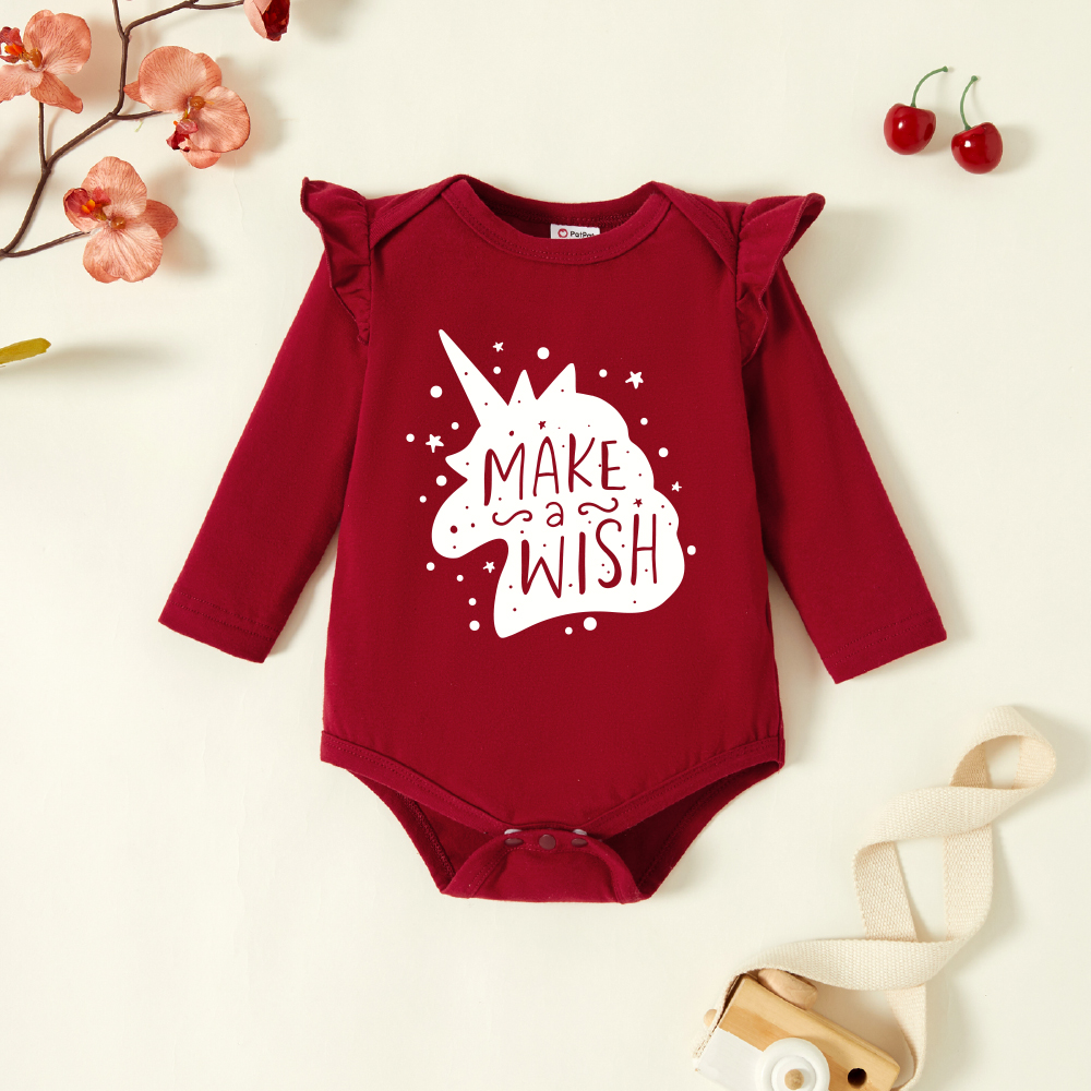 

Baby Graphic Flutter-sleeve Burgundy Long-sleeve Romper