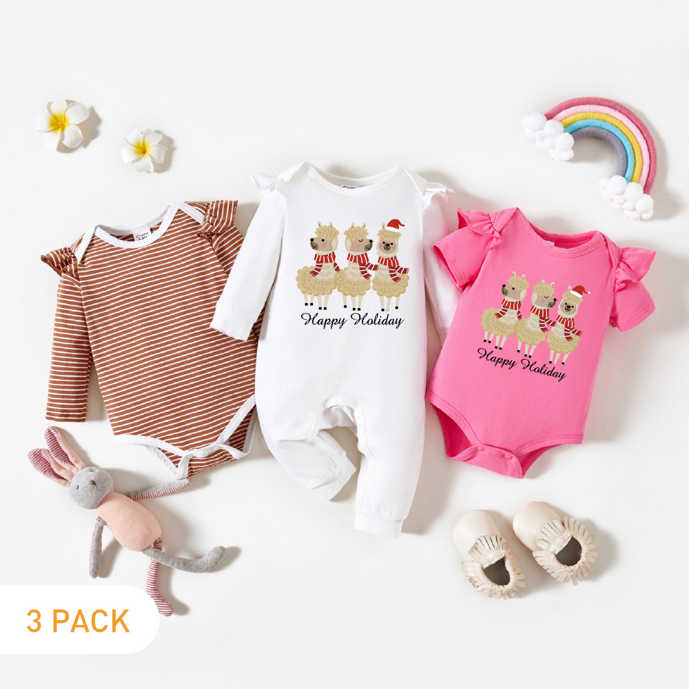 

3-Pack Baby Graphic & Striped Ruffled Romper Jumpsuit Set