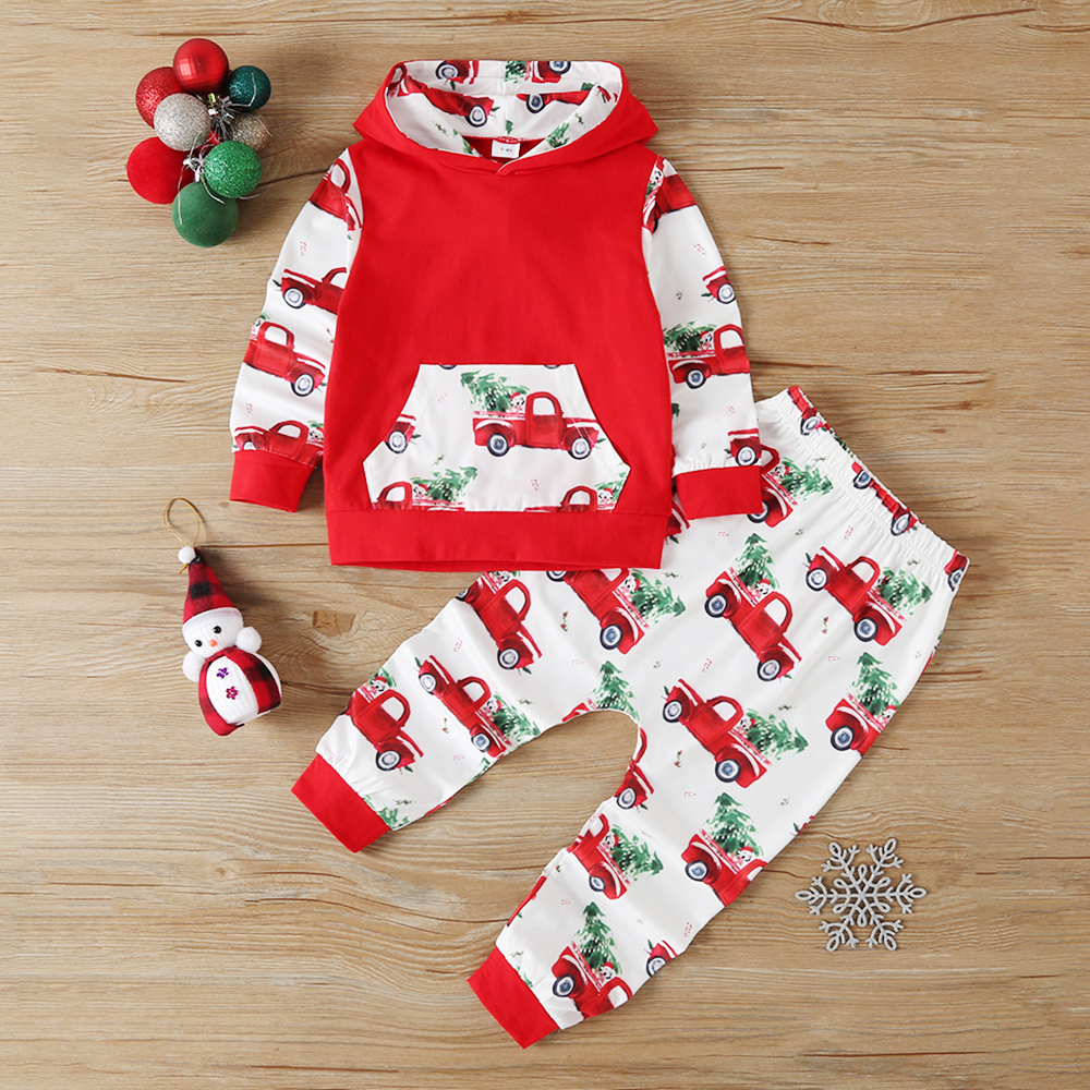 

2-piece Toddler Girl/Boy Christmas Tree Vehicle Print Hoodie and Elasticized Pants Set