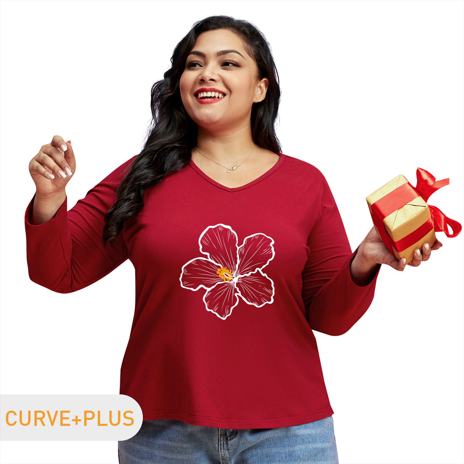 

Women Plus Size Graphic Floral Print V Neck Long-sleeve Tee