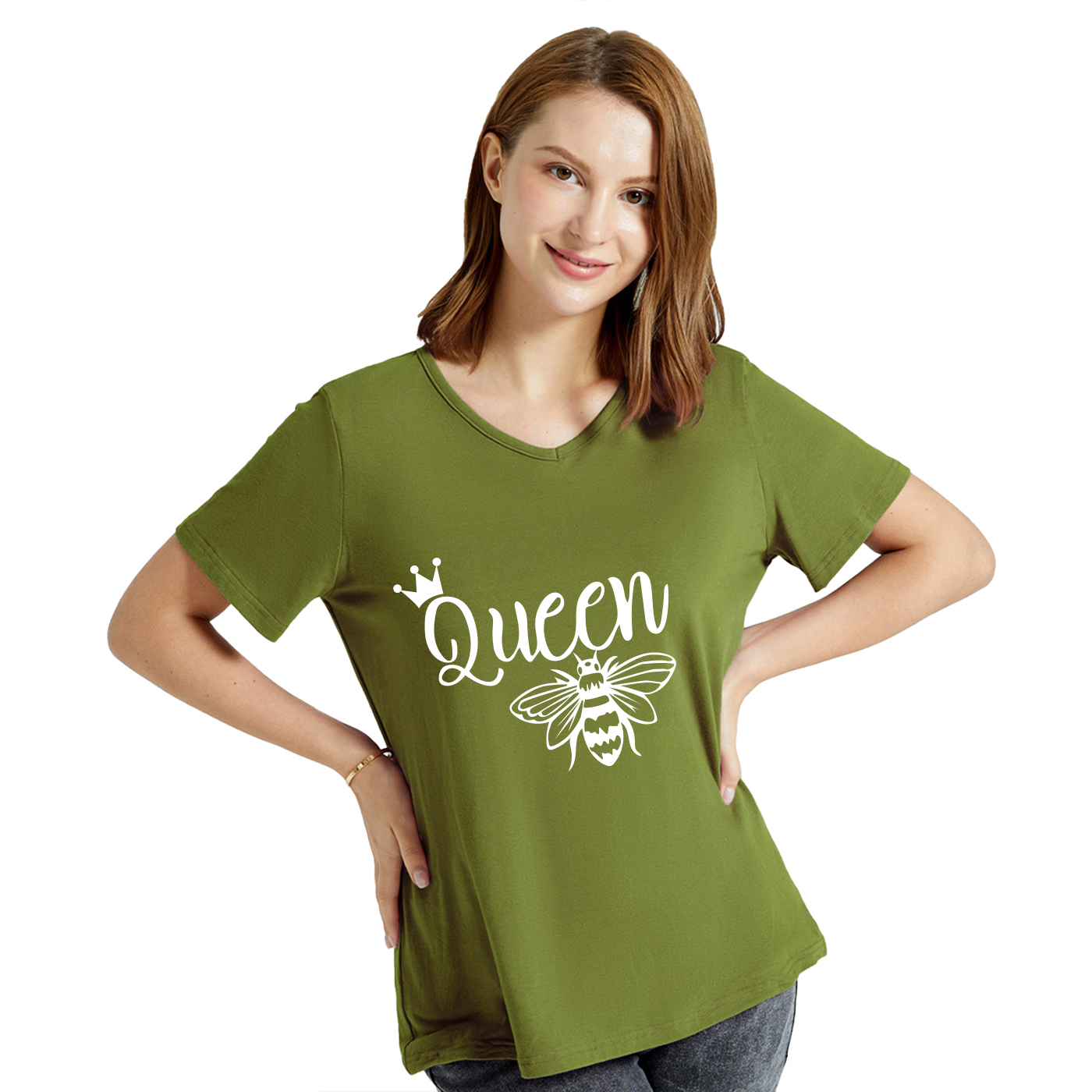 

Graphic Army green Short-sleeve V Neck Tee for Women