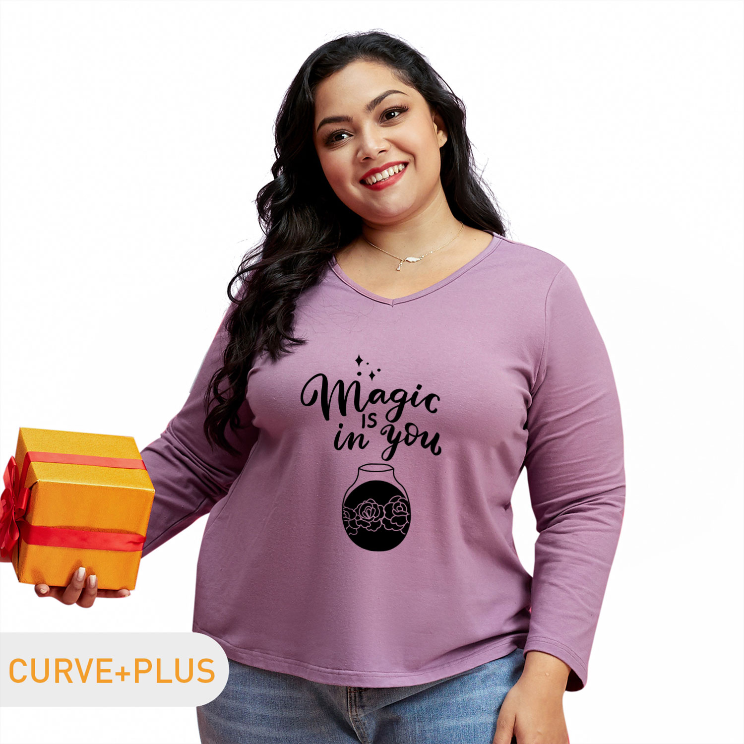 

Women Plus Size Graphic Letter Print V Neck Long-sleeve Tee