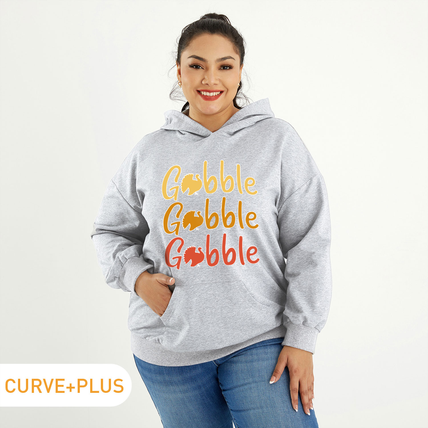 

Women Plus Size Graphic Letter and Turkey Print Long-sleeve Hooded Pullover
