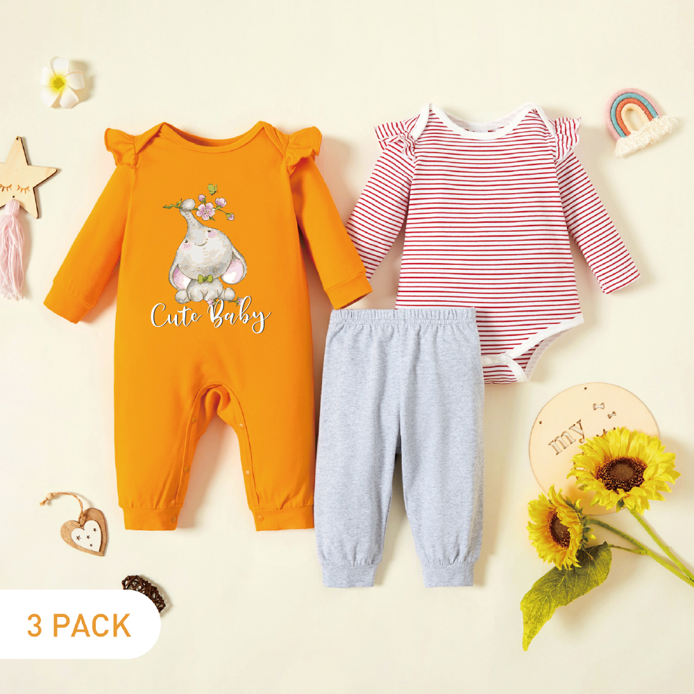 

3-Pack Baby Graphic & Striped Ruffled Romper Jumpsuit Pants Set
