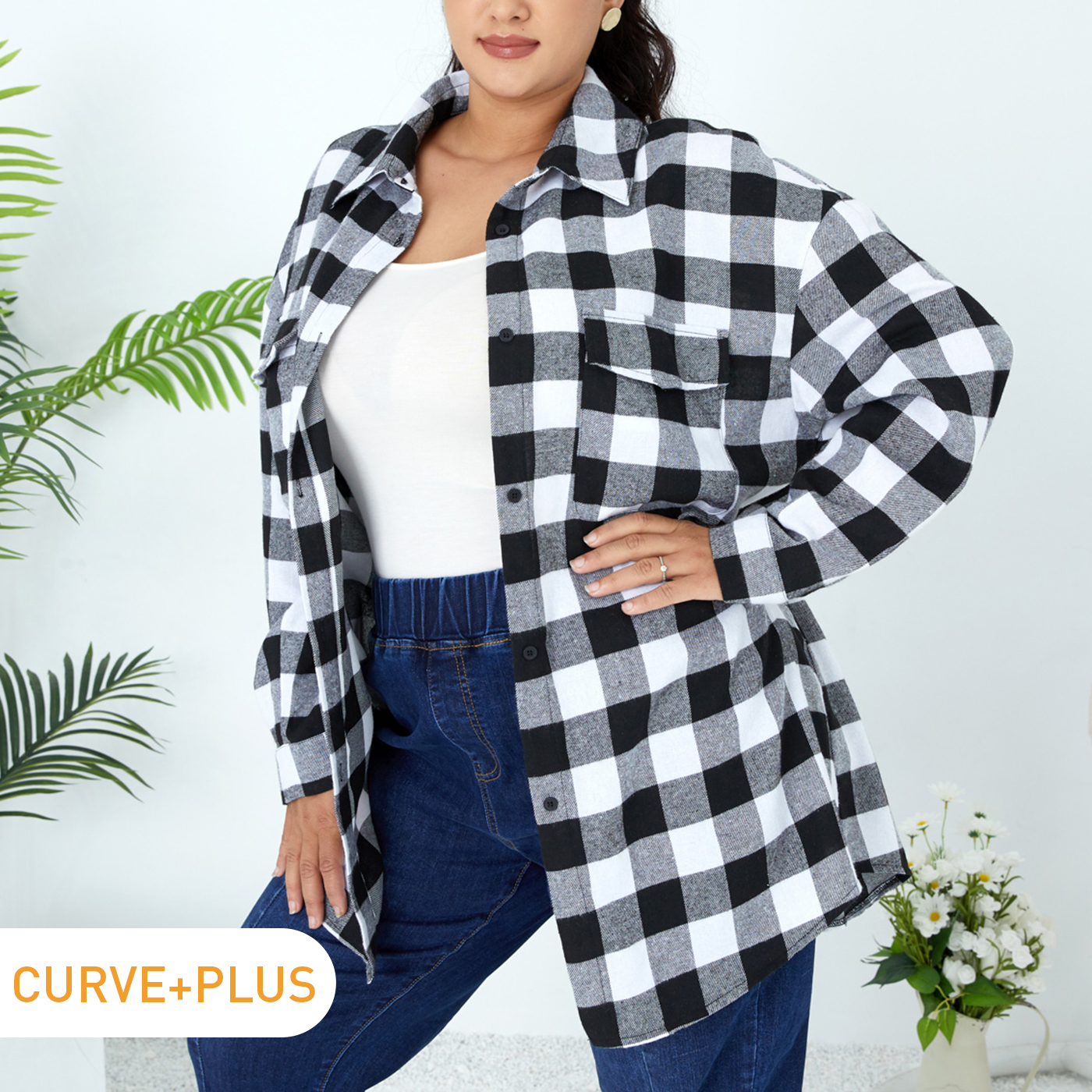 

Women Plus Size Casual Plaid Lapel Collar Button Down Long-sleeve Shirt