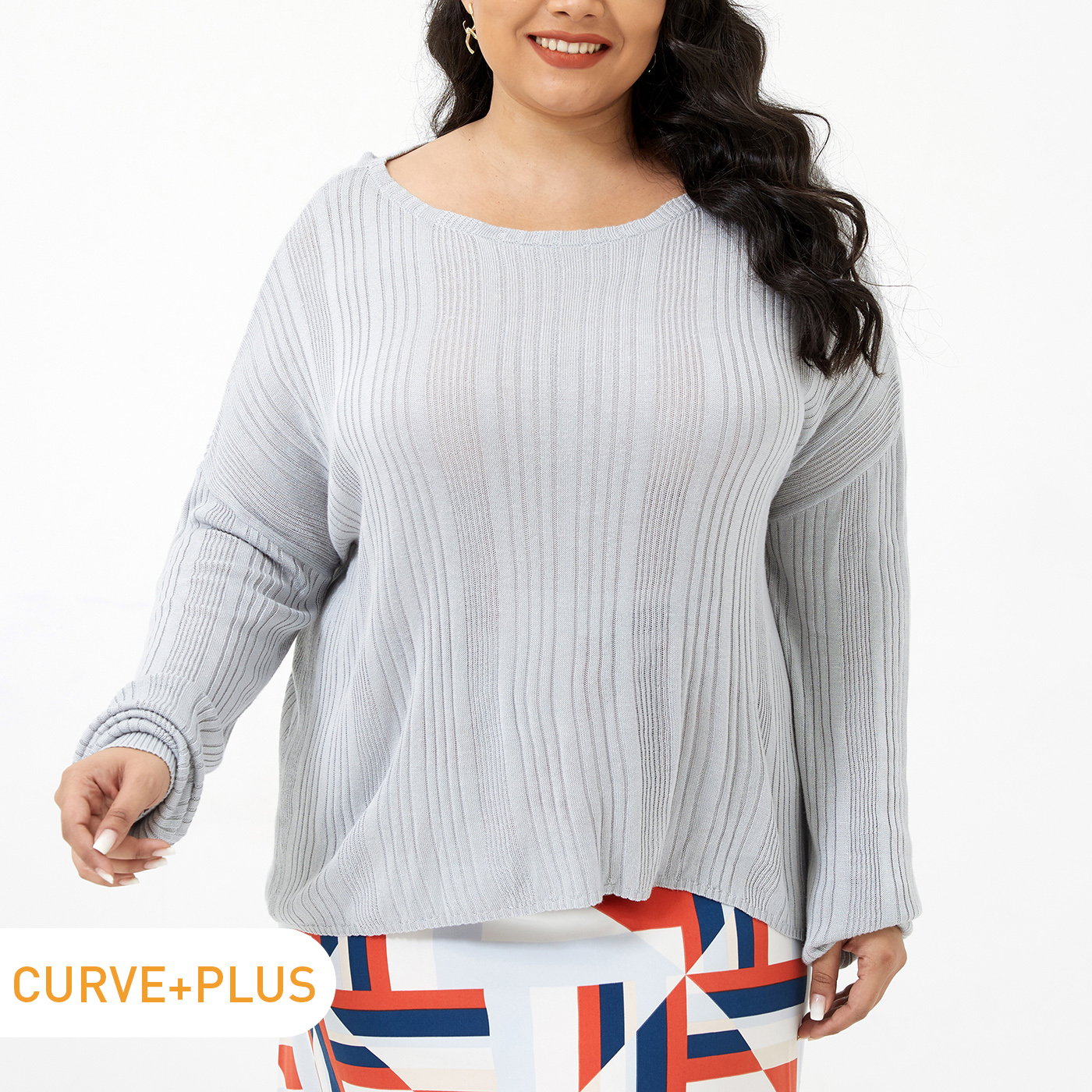 

Women Plus Size Casual Round-collar Ribbed Knit Sweater