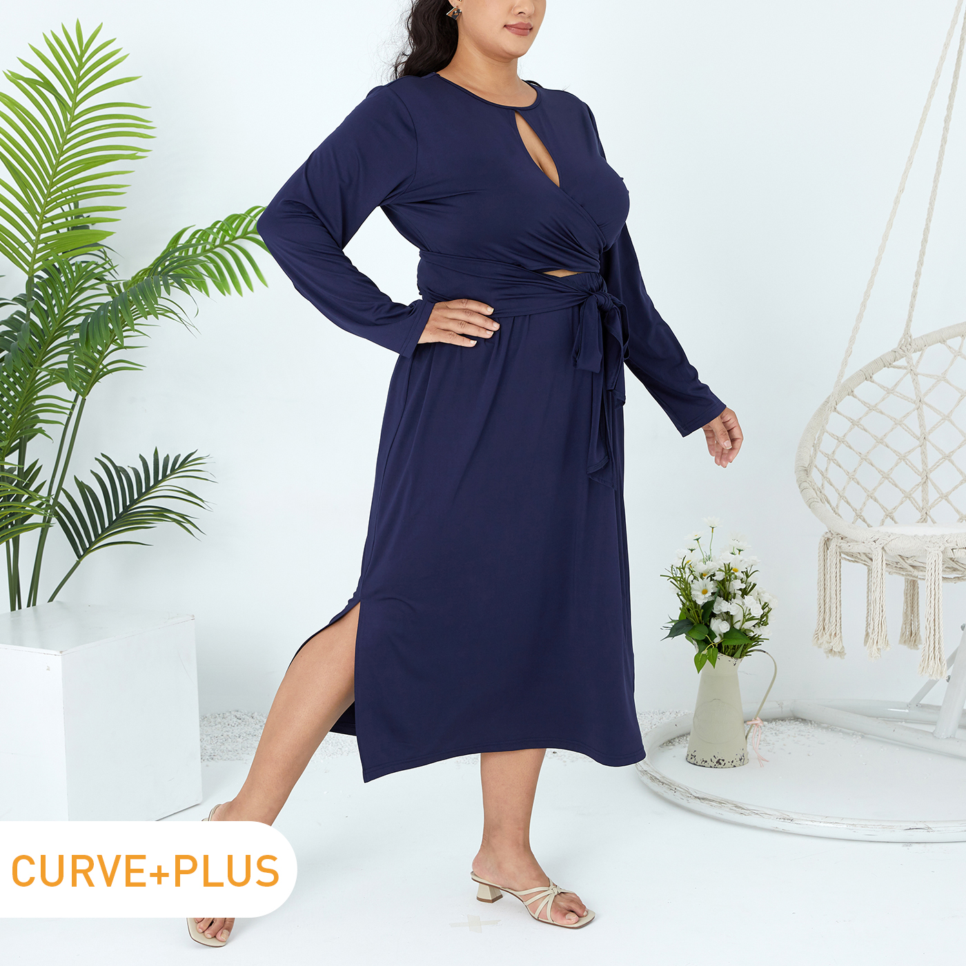 

2-piece Women Plus Size Elegant Hollow out Front Tie Back Long-sleeve Top and Side Slit Skirt Set