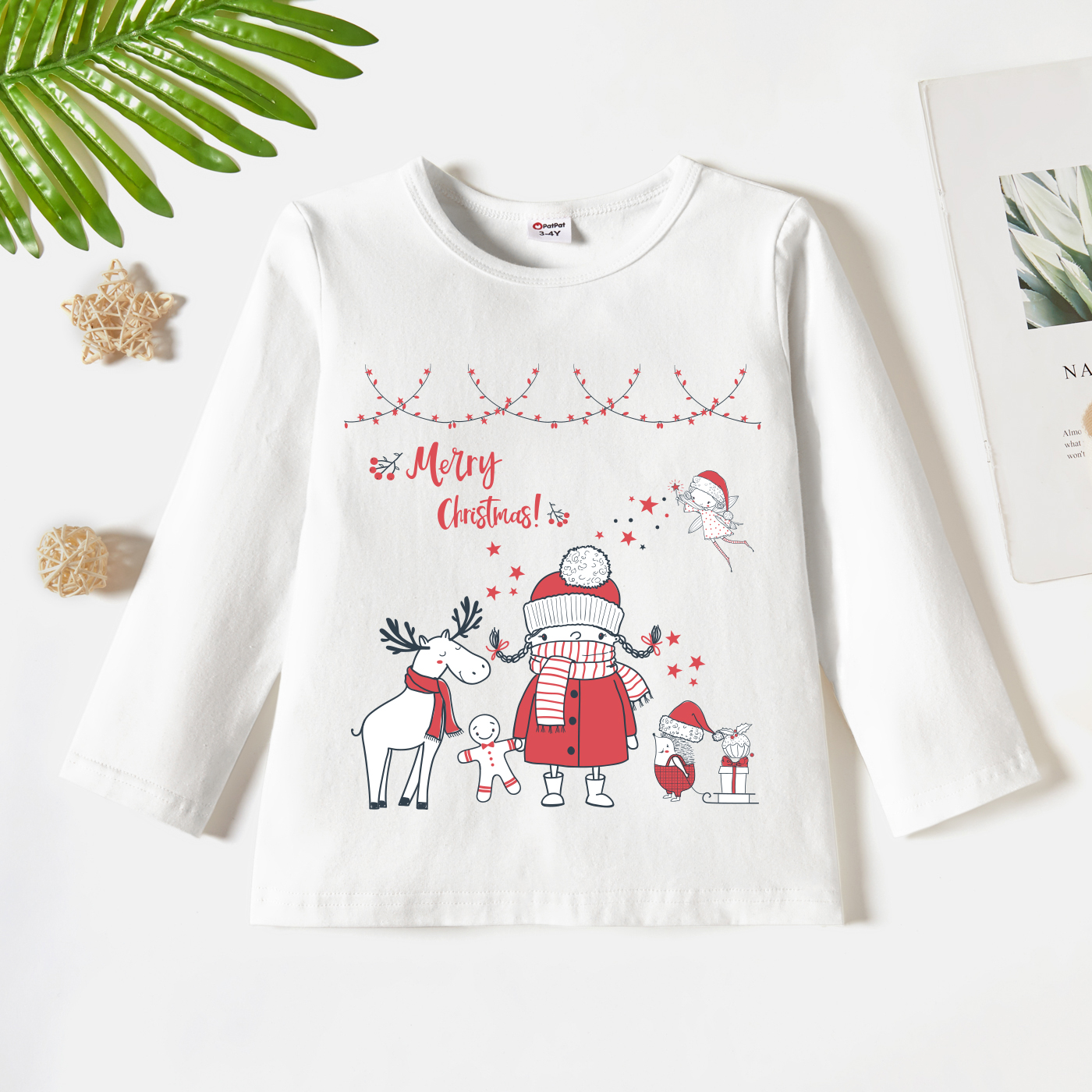 

Christmas Toddler Girl Graphic Animals and Stars Print Long-sleeve Tee