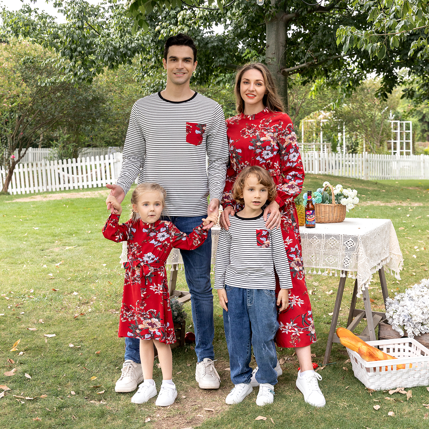 

Floral Print Red Family Matching Sets(Belted Midi Dresses and Striped Long-sleeve T-shirts)