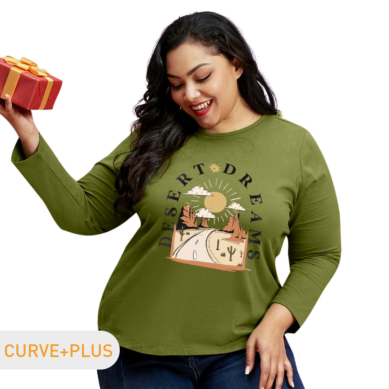 

Women Plus Size Graphic Cactus and Letter Print Round Neck Long-sleeve Tee