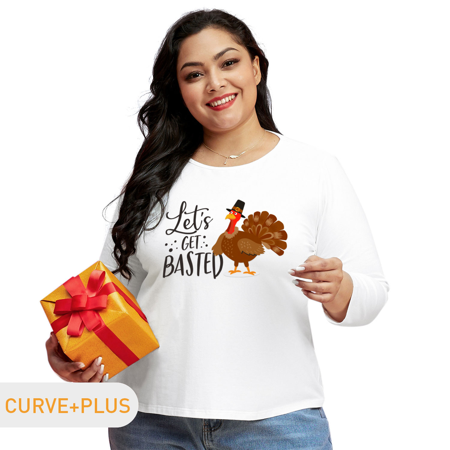 

Women Plus Size Graphic Turkey and Letter Print Round Neck Long-sleeve Tee