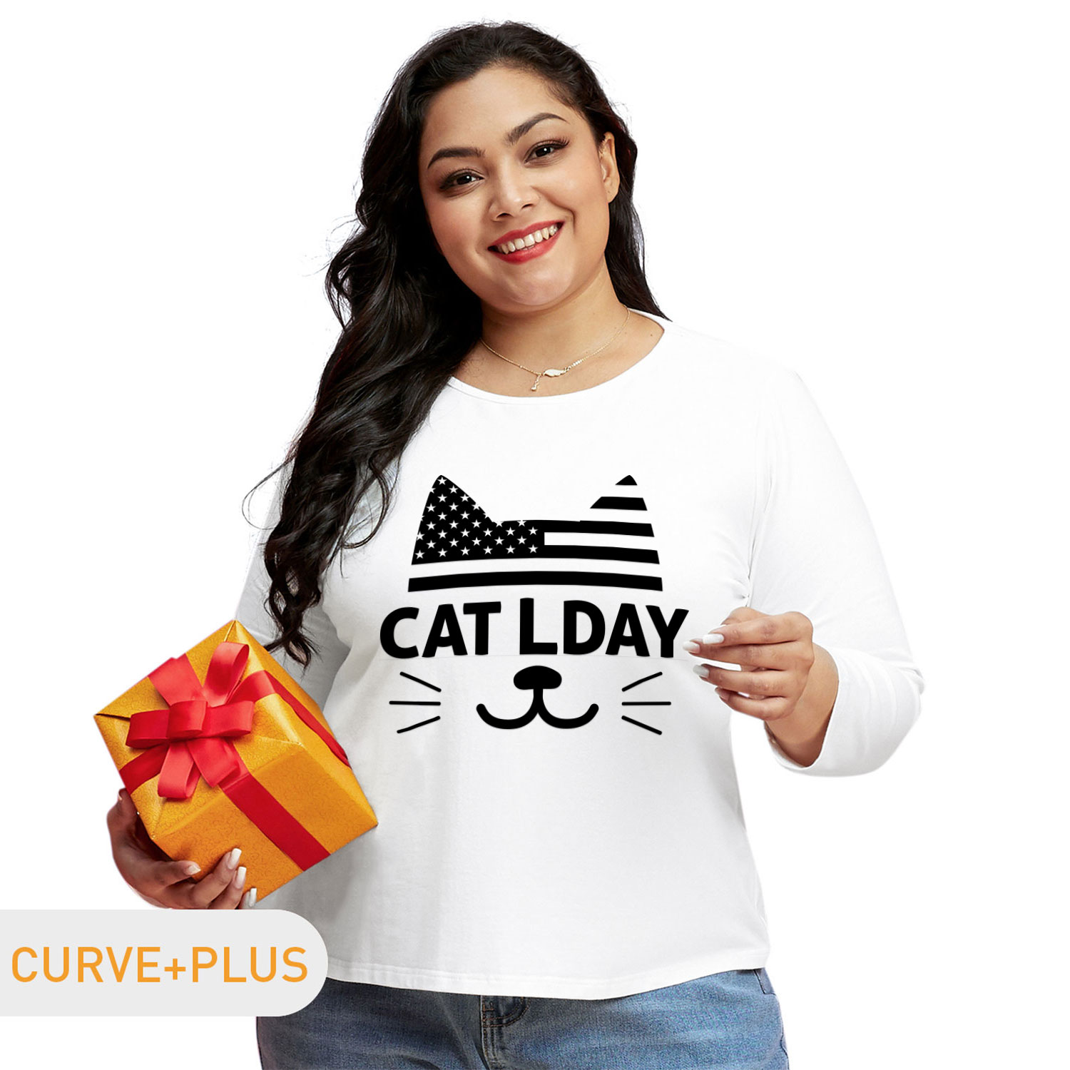 

Women Plus Size Graphic Cat and Stars and Letter Print Round Neck Long-sleeve Tee