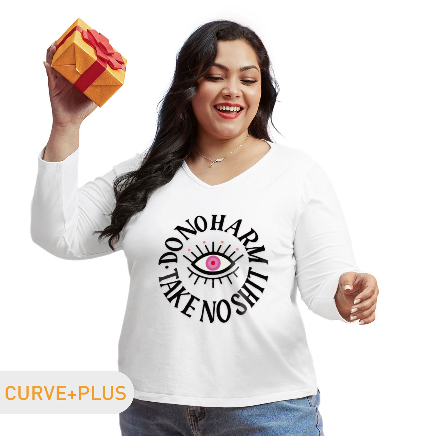 

Women Plus Size Graphic Letter and Eye Print V Neck Long-sleeve Tee
