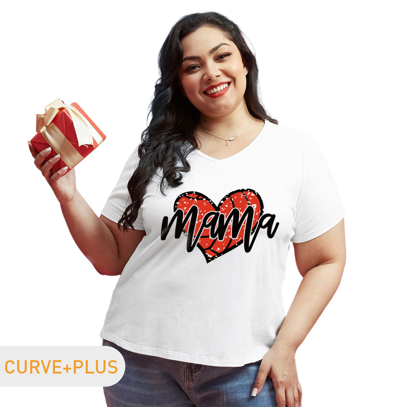 

Women Plus Size Graphic Heart and Letter Print V Neck Short-sleeve Tee