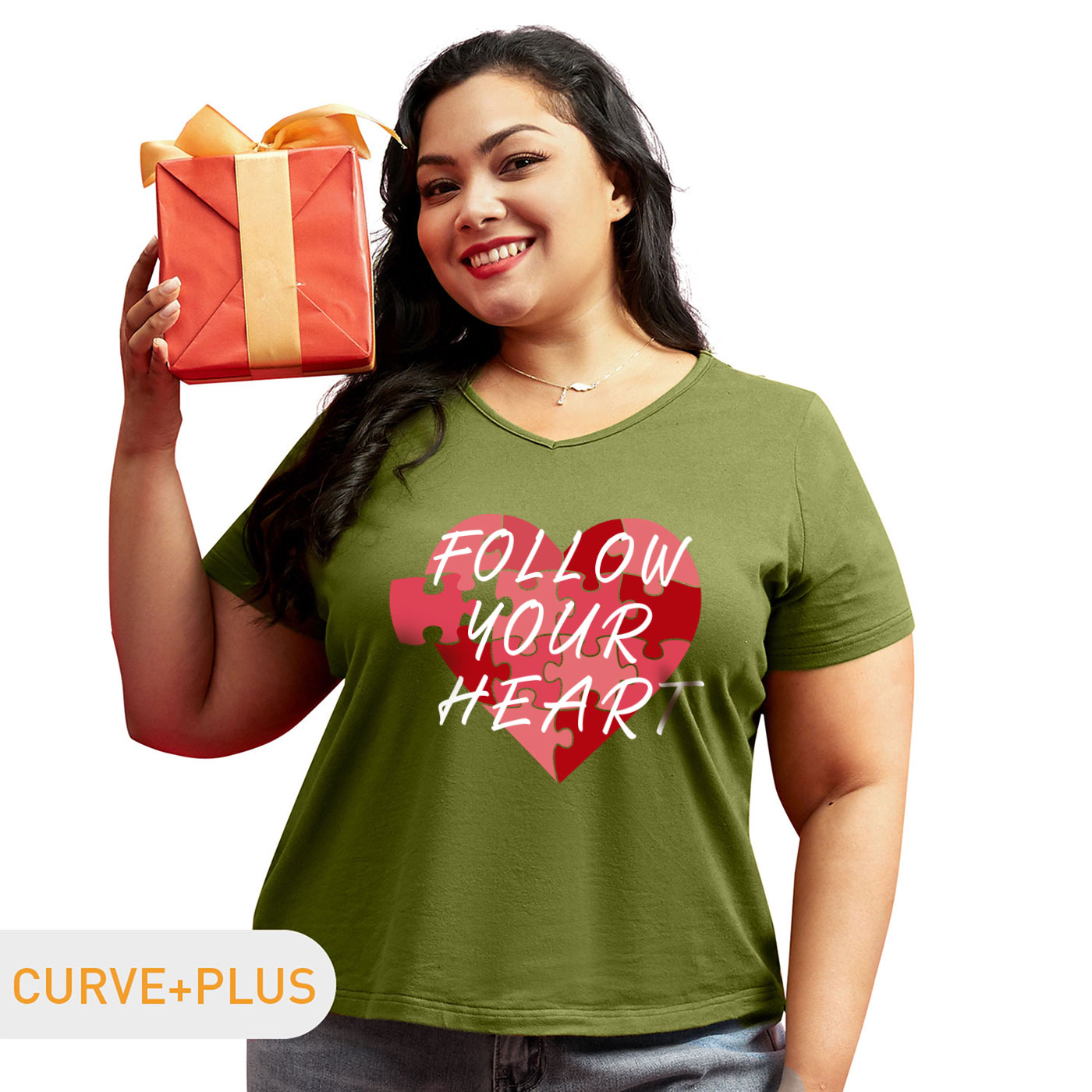 

Women Plus Size Graphic Puzzle and Heart Print V Neck Short-sleeve Tee