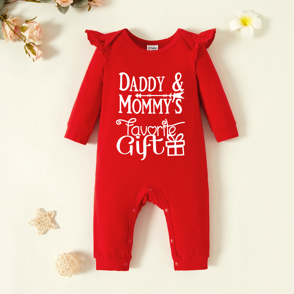 

Baby Girl Graphic Letter and Gift Print Ruffled Long-sleeve Jumpsuit