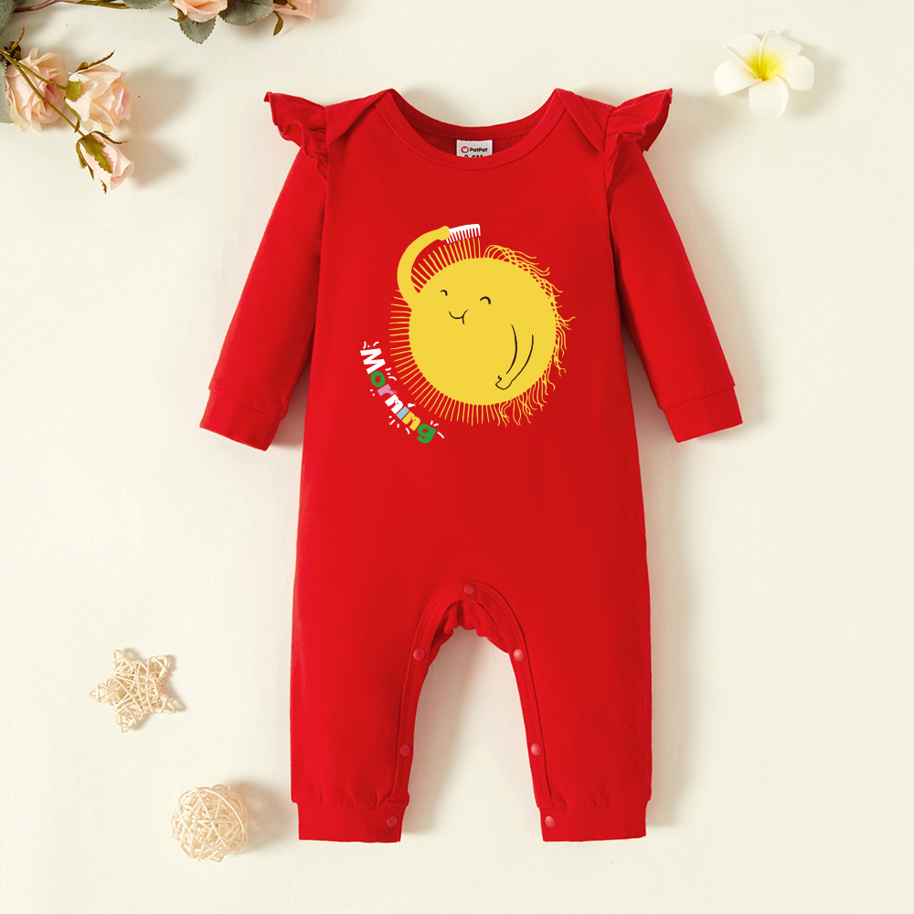 

Baby Graphic Flutter-sleeve Red Long-sleeve Jumpsuit