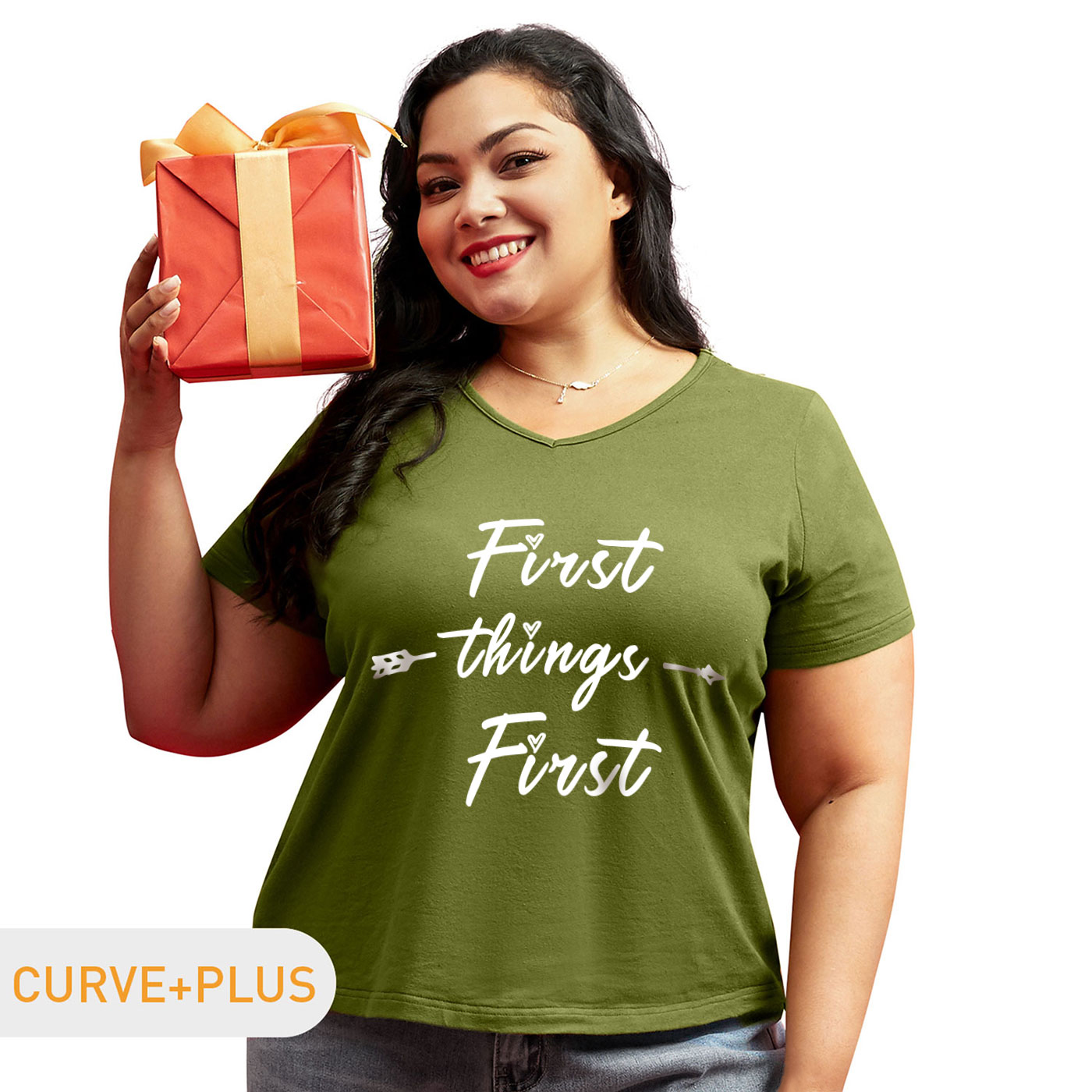 

Women Plus Size Graphics Letter Print V Neck Short-sleeve Tee